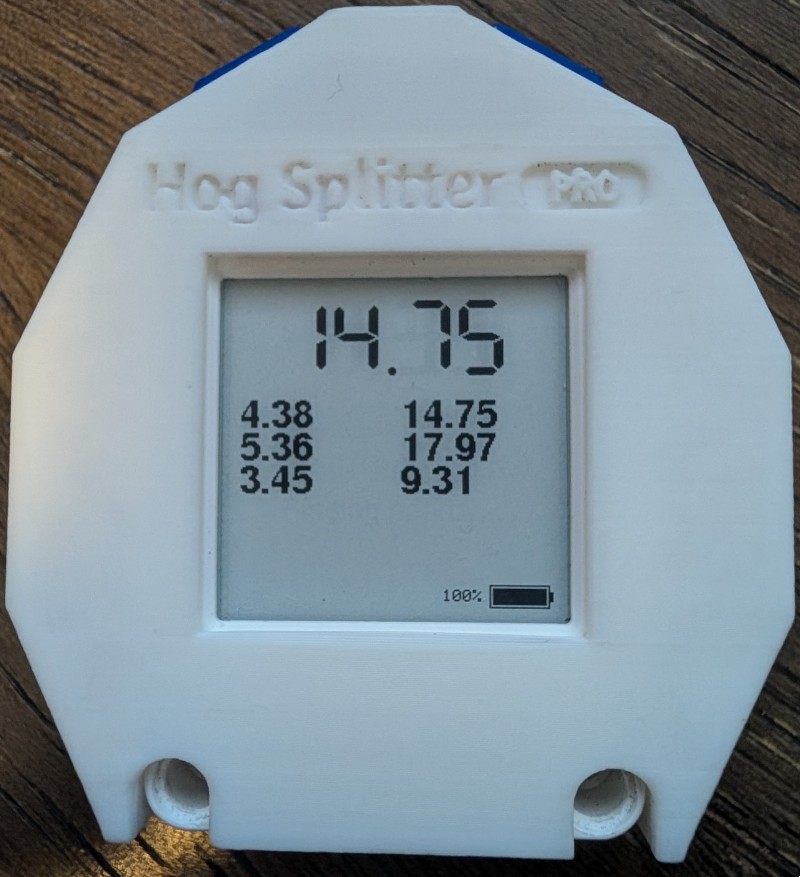Hog Splitter Pro handheld timer with e-paper display in its 3D-printed housing